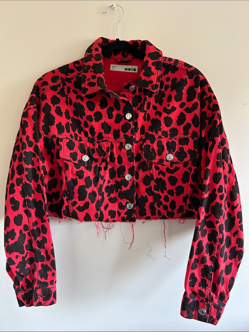 Topshop Red & Black Cropped Animal Print Denim Jacket